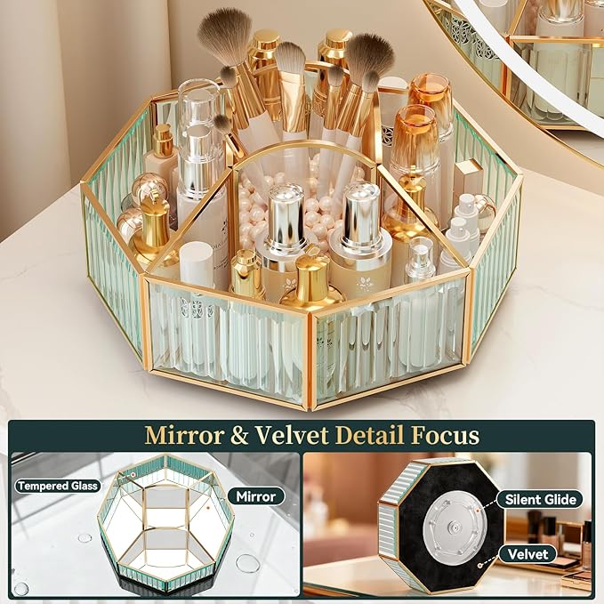 CoralHouse 360° Rotating Makeup Organizer Spinning Vanity Organizer with Makeup Brush Holder for Countertop, Bathroom Storage, Skincare, Perfume & Cosmetic Organizer for Vanity