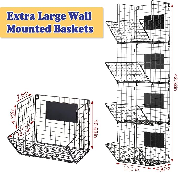 X-cosrack Metal Wire Basket Wall Mount, 4 Tier Extra Large Wall Storage Basket Organizer with Chalkboards, Kitchen Fruits and Vegetables Produce Bin Rack Toys Organizer Bathroom Tower Baskets (Black)