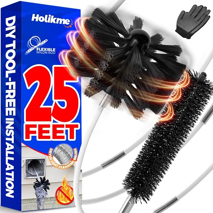 Holikme Dryer Vent Cleaner Kit - 25Ft Flexible Lint Brush for Deep Cleaning | Dryer Vent Cleaner Brush with Drill Attachment, Removes Years of Lint Buildup, Improves Airflow, Faster Drying & Fire Safety