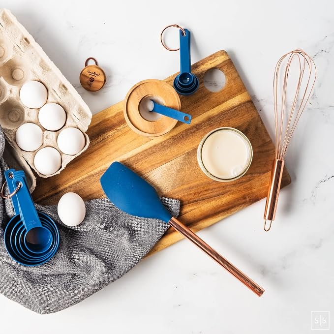 Copper and Blue Silicone Cooking Utensils Set - 17-Piece Set with Copper Utensil Holder and Measuring Cups and Spoons for Stylish Cooking and Baking - Blue Kitchen Decor, Unique Kitchen Gifts