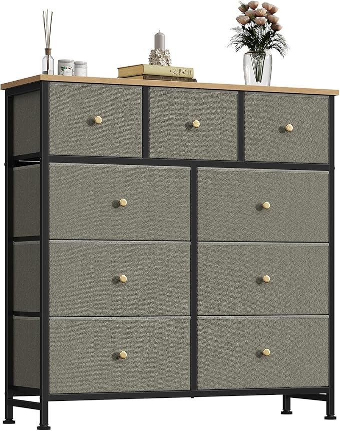 OLIXIS 9 Drawer Storage Dresser with Wood Top - Wide Fabric Chest Organizer for Bedroom, Closet, Living Room,Tower Cabinet, TV Stand, Hallway Entryway Furniture,Dark Green