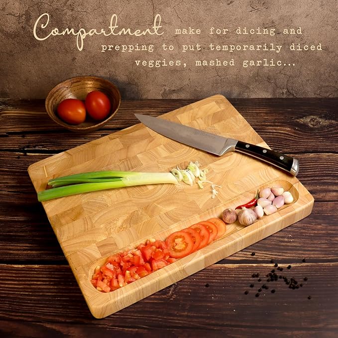 End Grain Cutting Board, Extra Large & Thick, End Grain Built-In Compartment and Juice Canal, Heavy Duty Chopping Board, Thick Carving Board for Bread Fruits Meat (20x15 Inches)