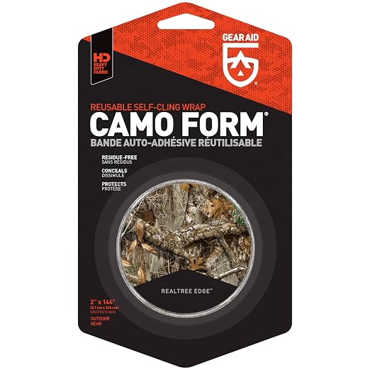 GEAR AID Camo Form Self-Cling and Reusable Fabric Camouflage Wrap, Adds Grip and Shield Hands from Hot or Cold Surfaces to Protect You and Your Equipment, Realtree Edge, 2” x 144” Roll, 1 Pack