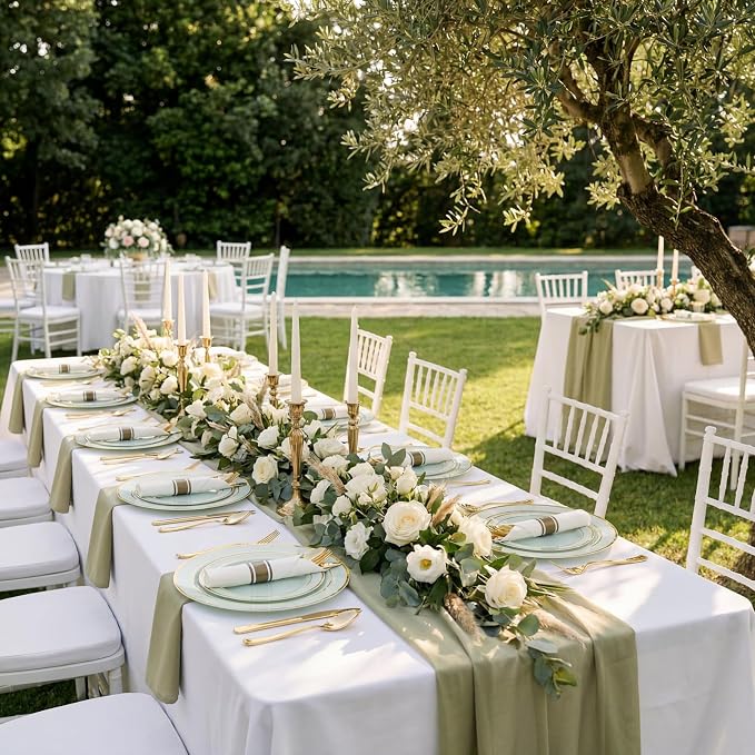 WDF Partyware 350PCS Green Plates Disposable - Sage Green Plastic Plates 50Guests Plastic Dinnerware with Rolled Napkins for Party/Birthday/Spring