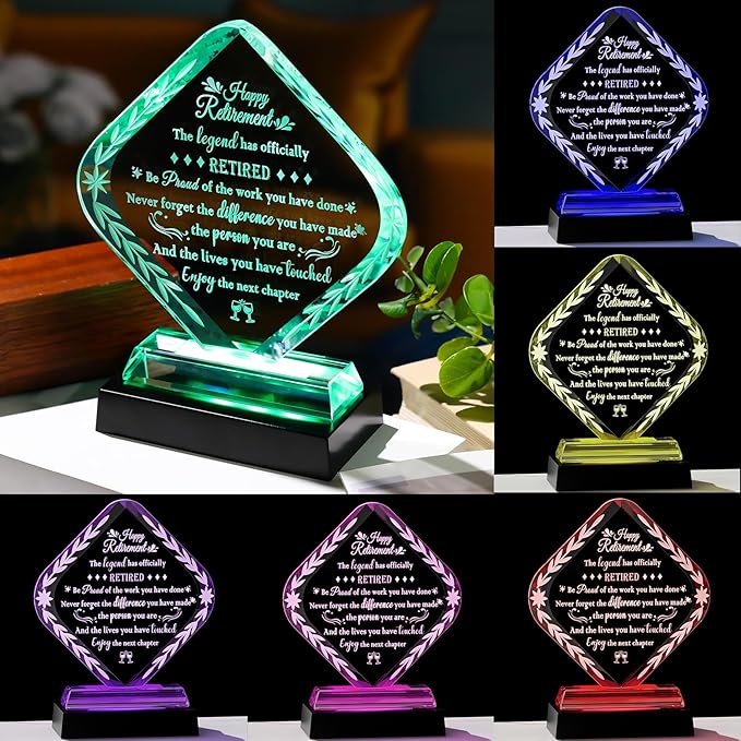 Glass Retirement Plaque Gifts for Women Men with LED Light Base, Happy Retirement Gift for Colleagues Boss Friends, Farewell Goodbye Gift Idea for Her Going Away, Retired Keepsakes for Teacher Doctor