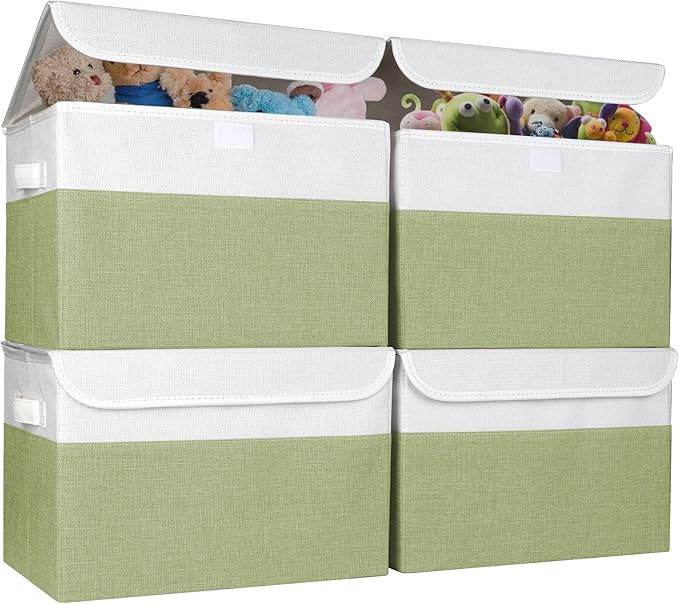 Bagnizer Large 22 Quart Linen Fabric Foldable Storage Bin Cube Organizer Basket with Flip-Top Lid & Handles, Clothes Blanket Box for Home, Office, Closet, Green & White, 4 Pack 14.6 x 9.5 x 9.5
