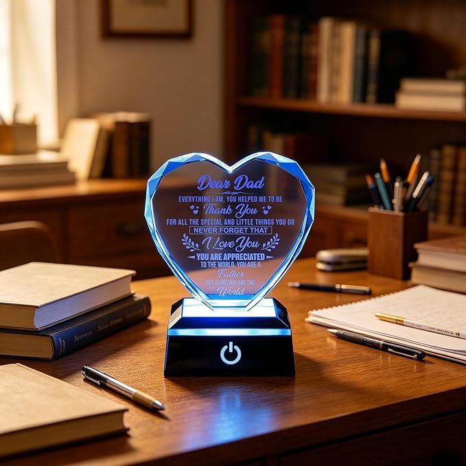 ZHSHWAT Dad Crystal Night Light, Engraved Heart LED Color Changing Lamp, Father’s Day Birthday Gift for Dad from Daughter Son
