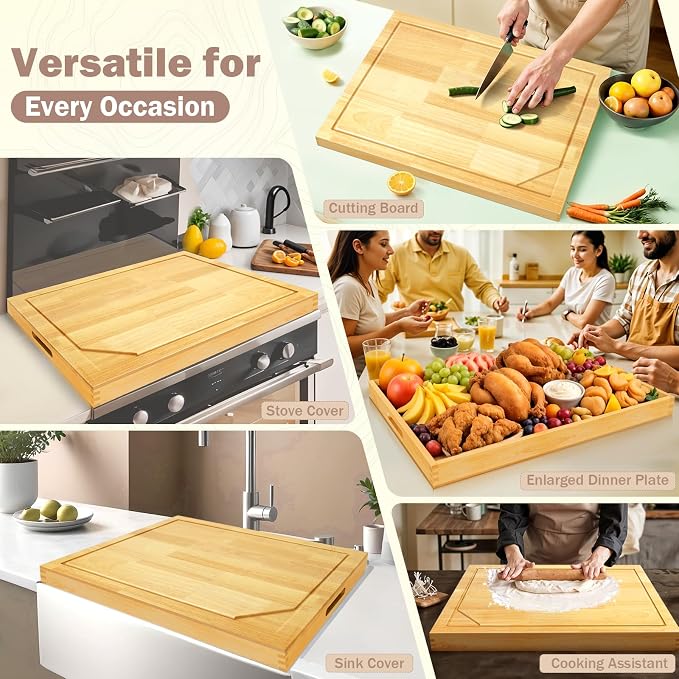 4 In 1 Noodle Board Stove Cover Lightweight Cutting Board Wood Stove Top Covers for Electric Stove, Glass Gas Stove Cover for Gas Burners - 30" x 22"