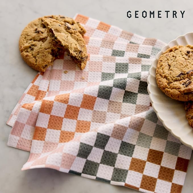 GEOMETRY Kitchen Dish Cloths - Quick Dry Dishcloths for Kitchen - Premium Dish Rags with Geoweave - 3-Pieces Autumn Checkers