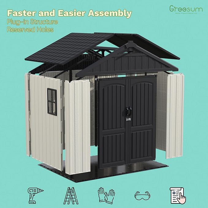 Greesum 8x8FT Plastic Shed, Easy-to-Assemble Resin Shed for Yard, Beige | 35% Fewer Screws for Fast Setup | Eco-Friendly HDPE | Kick-it Easy Assembly | Lockable Door with Adjustable Windows
