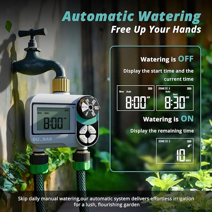 QUOBAS Brass Sprinkler Timer, Programmable Water Hose Timer for Garden Hose Faucet with Waterproof LCD Screen, Rain Delay/Manual/Automatic Irrigation Watering System for Garden, Lawn, Yard - 2 Zone