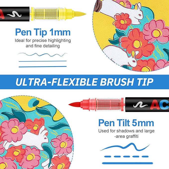 Guangna Acrylic Paint Markers Brush Tip, 24 Vivid Colors with Direct-Liquid Ink Control System, Professional-Grade Paint Pen for Rock Painting, Canvas, Glass, Plastic, Fabric, Eggs