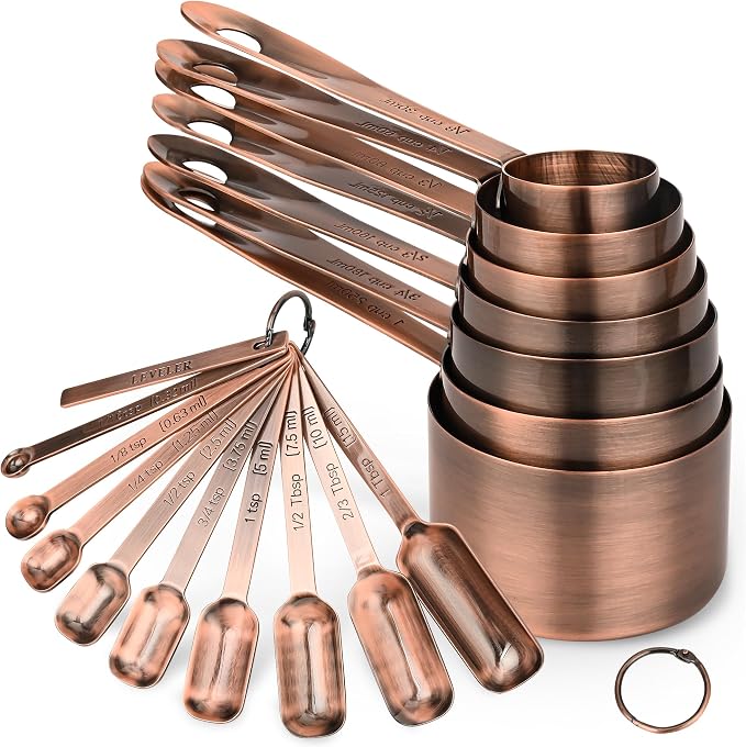 Measuring Cups and Spoons Set, Copper Measuring Cups and Spoons Set 17, Stainless Steel Metal 7 Measuring Cups and 9 Measuring Spoons with 1 Leveler for Kitchen & Baking