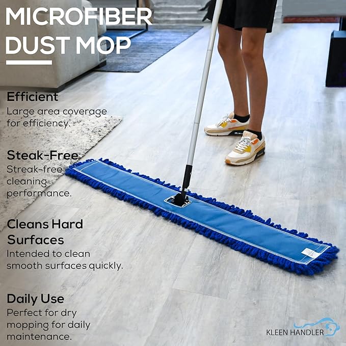 KLEEN HANDLER 48 Inch Microfiber Dust Mop Bulk Pack of 12, X-Large Washable Commercial Dust Mop, Sweeper, Janitorial Mop Head Replacement, Push Mop Broom, Blue