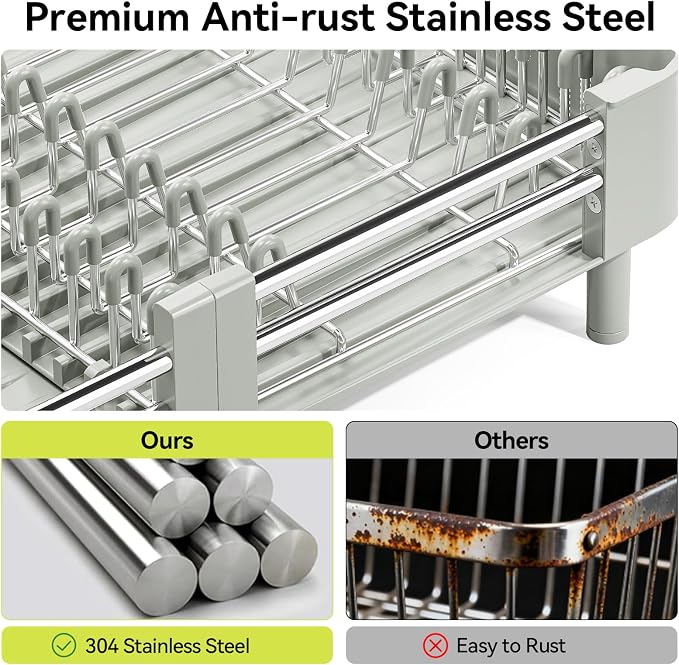 Urackify Extendable Dish Drying Rack, Dual Part Dish Drainers with Non-Scratch and Movable Cutlery Drainer and Drainage Spout, Adjustable Dish Rack for Kitchen, Gray & White