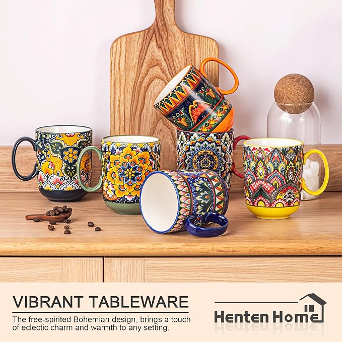 Henten Home Ceamic Coffee Mug Set of 6, 14 oz Colorful Latte Cup with Handle, Boho Floral Mug for Hot Cocoa, Milk, Tea, Chocolate, Microwave & Dishwasher Safe
