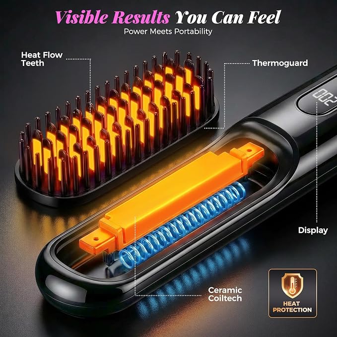Go Brush Pro 2026, Cordless Hair Straightener Brush, Mini Hair Straightener with 4 Temperature Settings, Portable Hair Straightener Brush with MCH Heating and Ionic & Ceramic Care for Women (Black)
