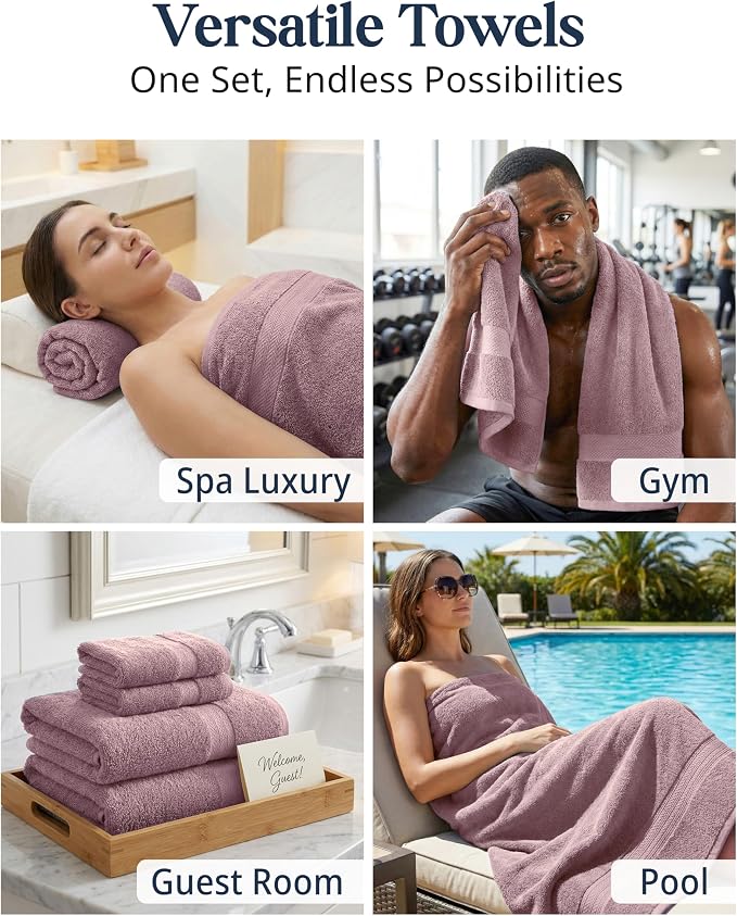 LANE LINEN Large Bath Towel Set Absorbent Quick Dry 6 Piece - Wishful Mauve | Cotton Towels - Fade-Resistant Color, Classic Terry Weave, Densely Woven, Coordinated Colors, Dobby Border Accent