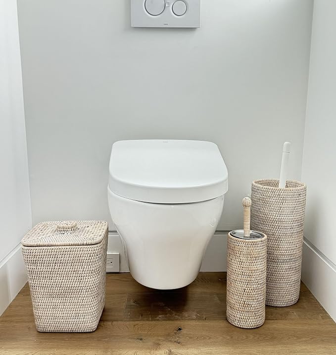 KOUBOO Rattan Toilet Brush Holder Set with Lid Bathroom Decor White Wash | Handwoven Craftsmanship, Removable Inner Cup, Replaceable Brush Head, Odor Control, Easy-Clean Design