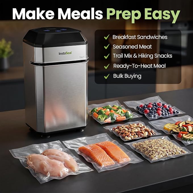 InstaSeal Upright Vacuum Sealer for Food with 12 Bags | Preserves Foods 5x Longer, Space Saving Compact Design, Seals Liquids, Soups & Marinades Mess-Free for Sous Vide Cooking