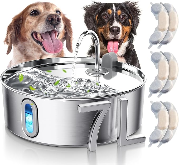 Smartoo 7L/236oz Stainless Steel Dog Water Fountain for Large Dogs,6Filters | 25dB Ultra-Quiet Automatic Pet Water Dispenser with Deeper Bowl, 4-Stage Filtration,Ideal for Big Breeds,Multi-Pet Households