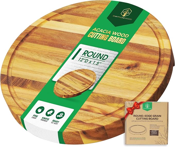 Round Acacia Wood Cutting Boards for Kitchen, 1.5 in Thick Butcher Block Construction for Stability, 12 x 12 in Round Cutting Boards with Gift Box, Juice Groove and Handle