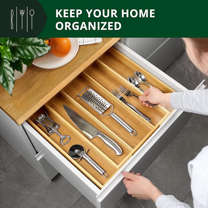 Luxury Bamboo Kitchen Drawer Organizer - Silverware Organizer - Utensil Holder and Cutlery Tray with Grooved Drawer Dividers for Flatware and Kitchen Utensils (5 Slot, Natural)