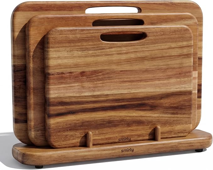 SMIRLY Cutting Boards for Kitchen - 3 Piece Acacia Cutting Board with Stand | Double-Sided Wood Cutting Board, Wooden Cutting Boards Non Toxic for Meat Vegetable Fruit, Food-Grade