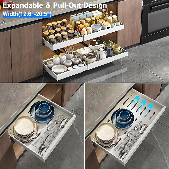 Mustorn 2 Pack Pull Out Cabinet Organizer, Expandable Slide Out Drawers for Kitchen Cabinets Peel and Stick Pullout Drawer Heavy Duty Sliding Shelves for Cupboard, Pantry, Bathroom(16.5" Deep, White)