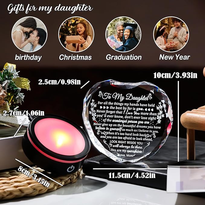 Arikyrist Daughter Gifts from Mom Birthday Gifts Ideas for Daughter Crystal Heart Keepsakes with LED Light Base Glass Meaningful Presents for Best Daughters on Christmas Graduation