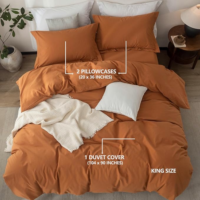 Linen Feel Duvet Cover King Size 104inch x 90inch,100% Washed Cotton Duvet Cover with Zipper Closure and 2 Pillowcases, Color of Burnt Orange