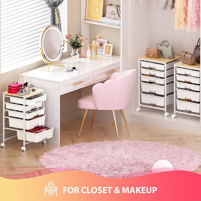 Goovilla Rolling Cart with 5 Drawers for Craft, Art, Dorm, Office, White | Utility Cart Organizer With 5 Removable Drawers and Wooden Tabletop, Lockable Rolling Storage Organizer for Classroom, Home