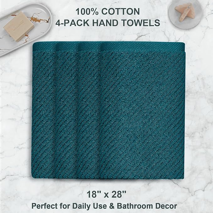 VOOVA & MOVAS Hand Towels 4PC, 100% Cotton, 18x28 in, Deep Turquoise | Thick, Quick Dry, Soft, Absorbent, Bathroom Essentials, Perfect For Shower, Spa, Daily Household