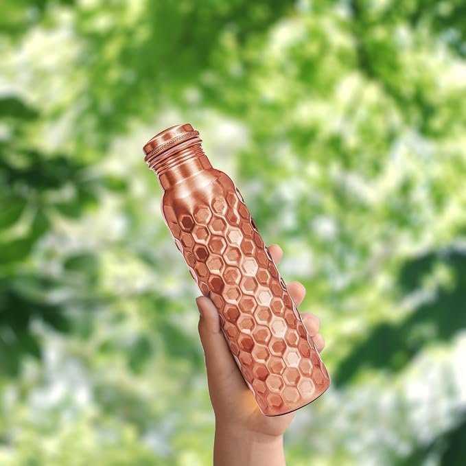100% Pure Copper Water Bottle for Drinking, 32 Oz Large Diamond Ayurvedic Copper Bottle with Cleaning Brush, Leak-Proof Water Vessel_Diamond with Glass