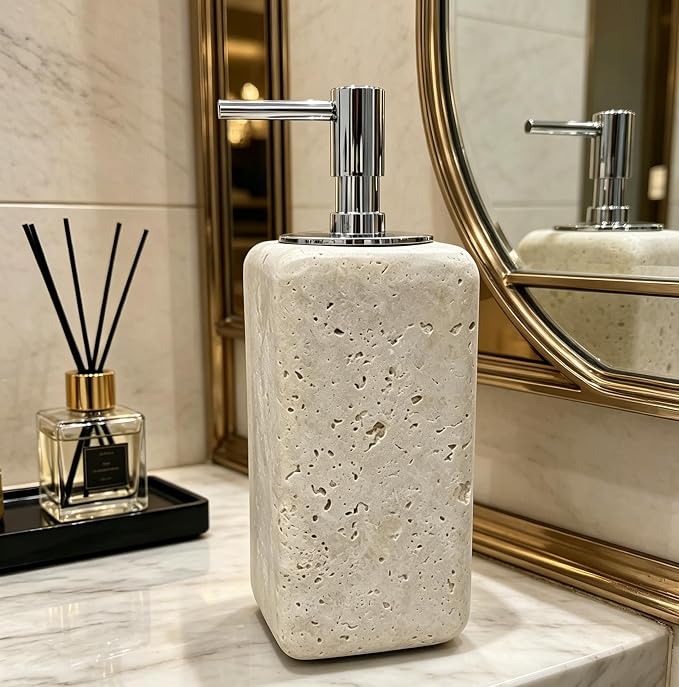 Travertine Stone Soap Dispenser Natural Organic Bathroom Soap Pump with Metal Push Pump, Elegant Square Hand Lotion Jar, Premium Heavy Duty Pump Bottle Lotion Jar for Kitchen/Laundry Room(Ivory White)