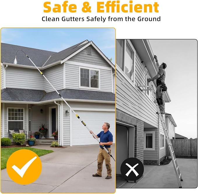 24FT Reach Gutter Cleaner, Gutter Cleaning Tools from the Ground with 3/4" Brass Shut-Off Valve & Bendable 360° Rotating Water Wand, Safe Cleaning for 2-Story Homes