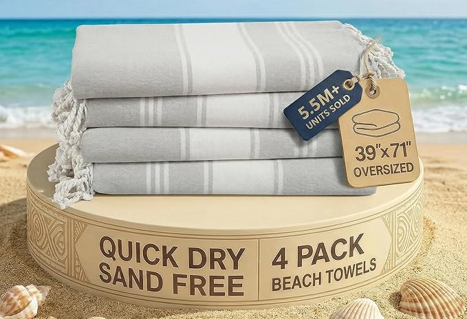 LANE LINEN Oversized Beach Towels 4 Pack, Pre-Washed, Extra Large - Grey | Quick Dry, No Sand, Absorbent Pool Towels for Adults - 39"x71", Vacation Essential - Machine Washable, Travel & Camping