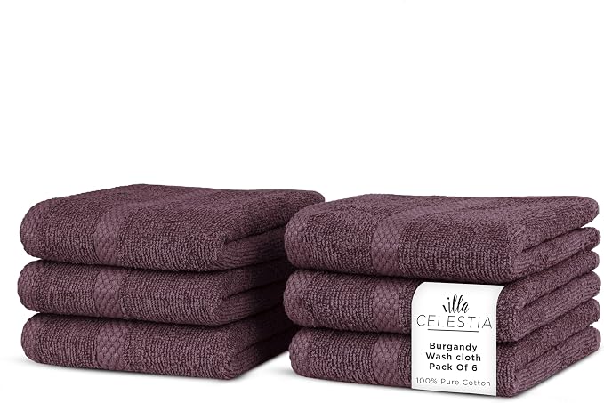 Villa Celestia Cotton Washcloths Set of 6, 12x12 Inch, 100% Ring-Spun Combed Cotton, Soft Absorbent Quick-Dry Wash Cloths for Face and Body, Oeko-TEX Certified, Hotel & Spa Quality, Burgandy