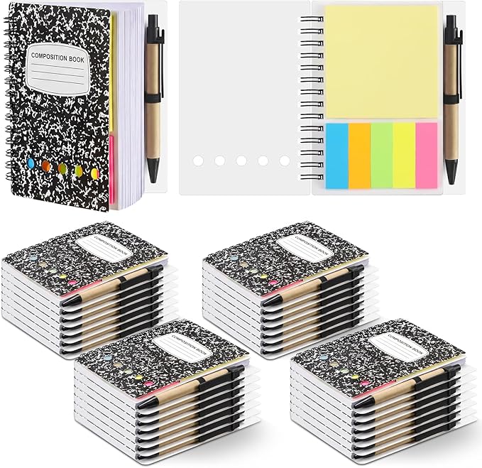 Qilery 30 Pack Composition Lined Spiral Notebook Small Notepad and Pen Set Steno Pads Lined Notepad Black Pocket Notebook for Business Office School Supplies