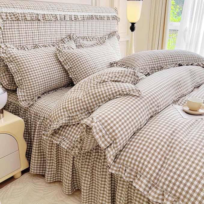mixinni Tan Gingham Ruffle Duvet Cover King Size 3 Pieces – 100% Washed Cotton, Vintage Plaid Ruffled Bedding Set with Zipper Ties, Soft Cream Checkered Grid Farmhouse Chic Comforter Cover Set