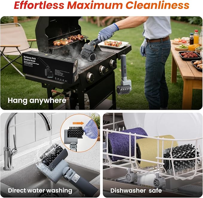 VOXPOA Electric Grill Brush for Outdoor Grill,3-in-1 Kit Cordless Rotary Grill Cleaner with 3-Speed Control&Angle Adjust,Safe for Cast Iron/Stainless-Steel Grates,Ideal BBQ Gifts for Men Dad