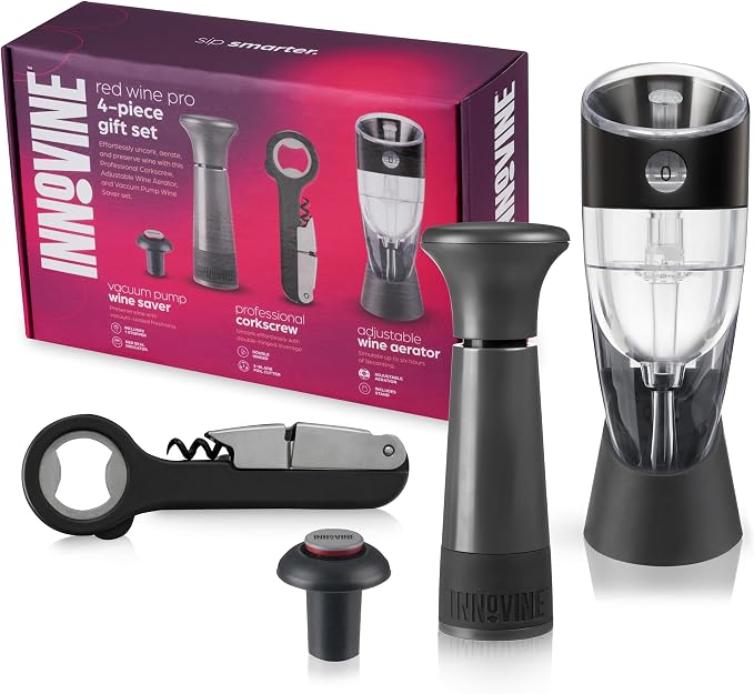 Innovine Red Wine Pro 4-Piece Wine Tool Gift Set – Adjustable Wine Aerator with Stand, Double-Hinged Corkscrew & Vacuum Wine Saver with Stopper – Complete Red Wine Opening, Aeration & Preservation Kit