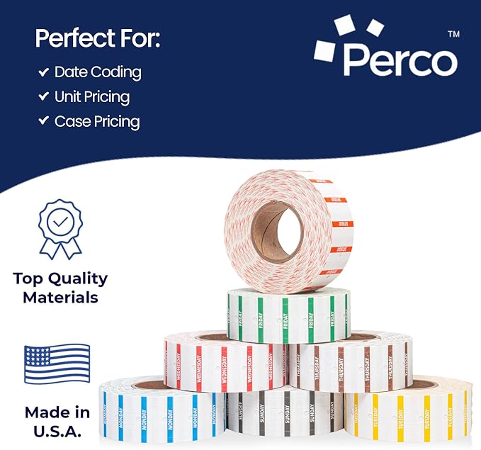 Perco 1 Line Day of The Week Labels - 7,000 Blank Dating Labels for Perco Lite, X, Plus and Pro 1 Line Date Guns - 7 Rolls (Full Week), 1 Sleeve - Made in USA