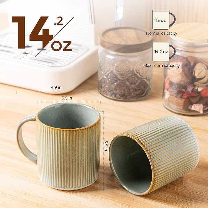 theterra Ceramic Coffee Mugs Set of 6, 14.2oz Handmade Coffee Cups with Handle for Latte, Tea, Milk, Beer, Hot Cocoa, Desert Sage