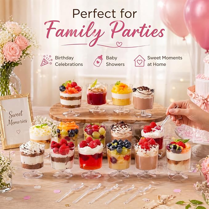 100 Pcs 2 oz Mini Dessert Cups with 100 Pcs Spoons Clear Plastic Mousse Cups Footed Trifle Bowl with Pedestal Fruit Parfait Appetizer Wine Glasses for Serving Party Wedding Birthday