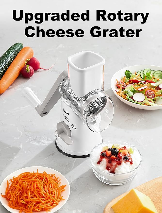 Geedel Rotary Cheese Grater Vegetable Shredder With 6 Interchangeable Blades No Slip Suction Base, Mandoline Slicer & Food Chopper for Cheese, Ice, Nuts, Vegetables, Veggie