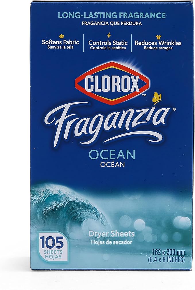 Clorox Fraganzia Fabric Softener Dryer Sheets Wrinkle Reducing Anti Static Softens Fabrics Fresh Smelling Clothes Fresh Ocean Scent 105 Count 6 Pack Household Bulk Value Extended Household Laundry