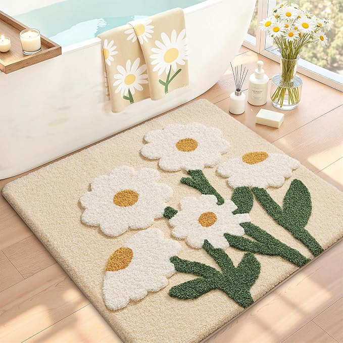 LUMI Bathroom Rugs Cute Daisy, Soft Absorbent Square Bath Mat Non-Slip, Machine Washable Quick Dry Beige Luxury Rug Flower for Kids Room, Bathtub, Home Decor, 32"x32"