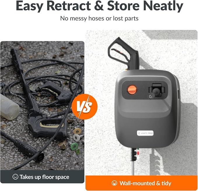 Giraffe Tools 65 FT Retractable Wall Mount Pressure Washer G20B, 2500 PSI | 2.2 GPM, Automatic Rewind with 180° Swivel Bracket, 5 Nozzles, Foam Cannon for Car, Fences and Patio Cleaning, Dark Silver