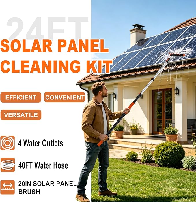 Buyplus 30FT Reach Solar Panel Cleaning Brush Kit with 5-24FT Telescoping Pole, Water Fed Window Cleaner Tool with 20" Brush, Soap Dispenser, Cobweb Duster, Squeegee for Roof, RV, Gutter, Deck,Orange